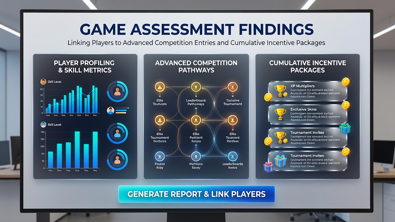 Data visualization showing player assessment pathways connecting game performance metrics to tournament qualification and layered reward structures