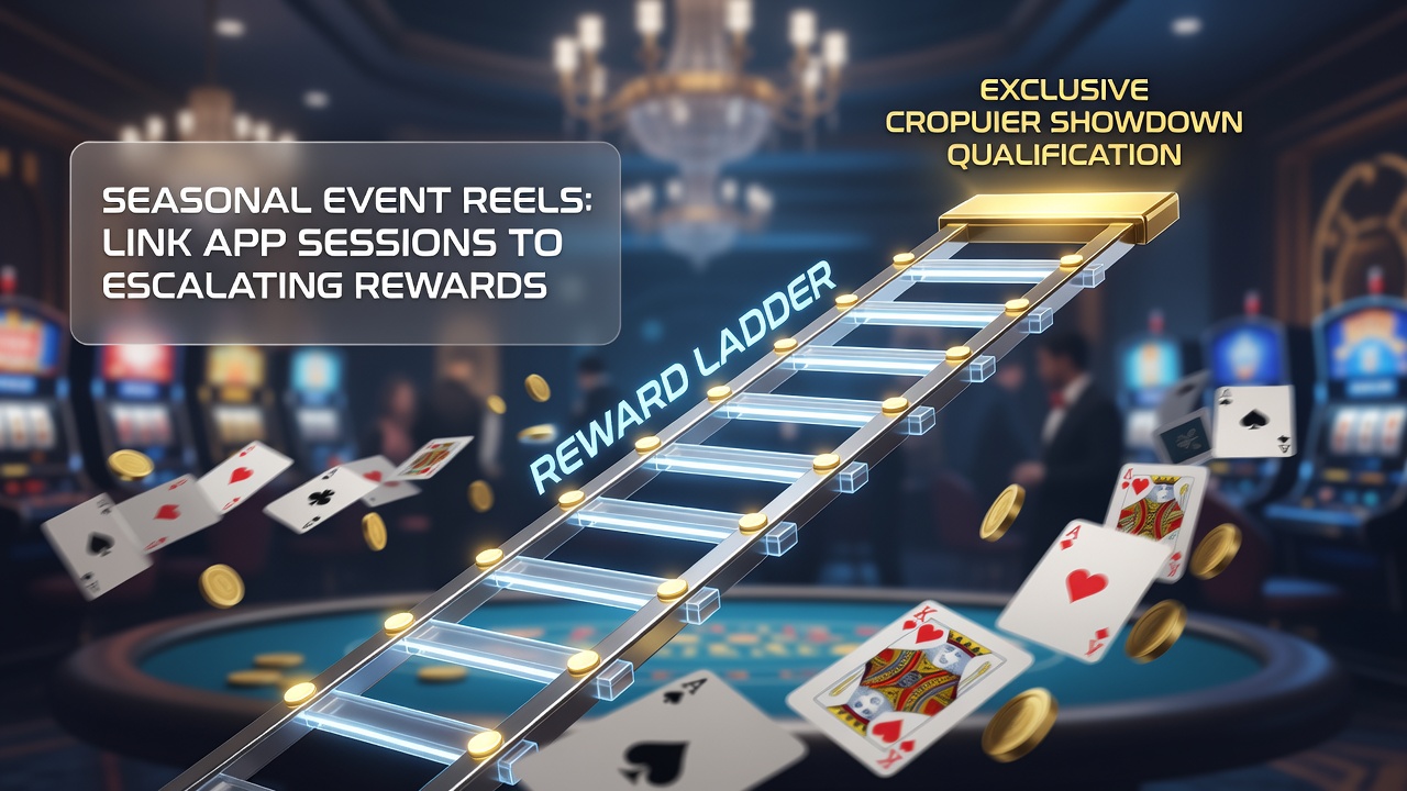 Mobile app interface displaying seasonal event reels with progress indicators toward reward ladders and live dealer qualifications