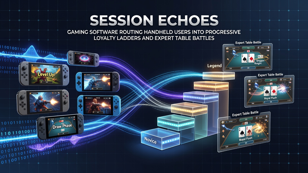 Mobile gaming interface displaying session tracking metrics and loyalty progression paths on a handheld device