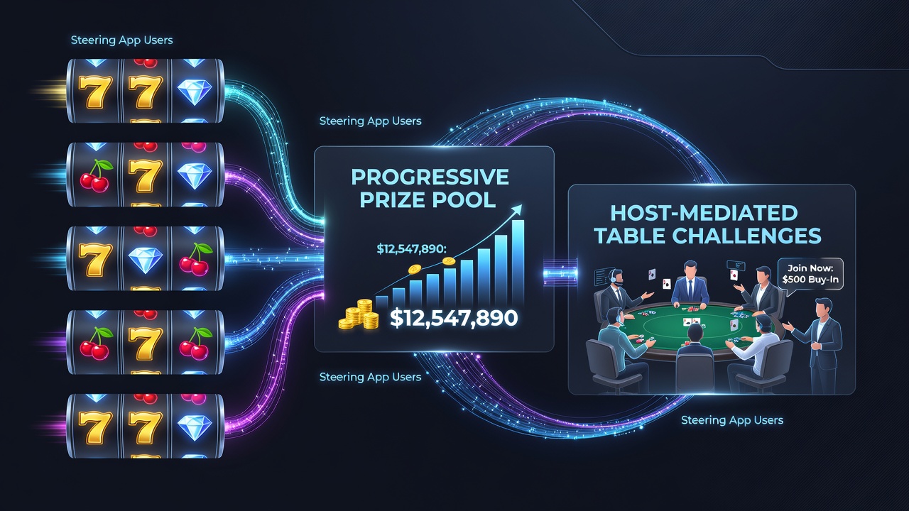 Mobile app interface displaying connected slot symbols leading into a progressive prize pool notification