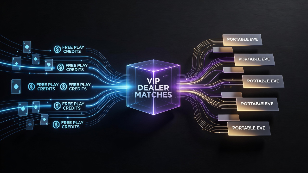 Mobile app screen displaying VIP dealer match entry alongside upcoming portable event slot tournaments