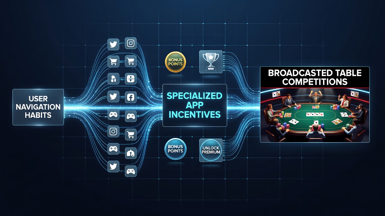 Digital platform navigation paths showing users moving from social media to mobile apps and live table competition interfaces
